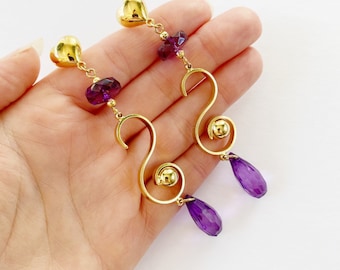 Groovy Purple & Gold Earrings- Vintage Long Dangle Pierced Statement Jewelry