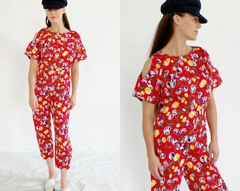 Red Tulip Jumpsuit- M, Stretch Waist Romper Onesie, Cutout Shoulders, Vintage 4