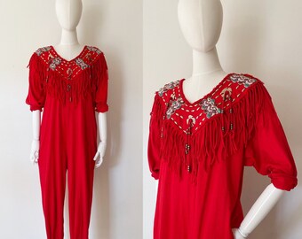 RED FRINGE JUMPSUIT- southwest Cotten Onesie, Unisex Vintage medium large Aztec 80s e