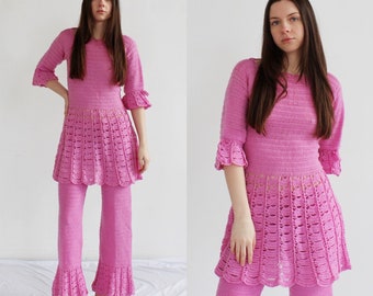 Pink Crochet Two Piece Pant Set- S/M, 70s Outfit, Bell Bottom Boho Hippie Flare