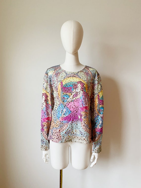 ICAN HAREM 切り替えレースロングカットソー　vintage y2k MIRROR ART NOUVEAU Top- Xl, Large Y2k 90s Witchy Rainbow