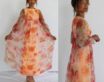 Sheer Floral Dream Dress- S, Coquette 1970s Vintage Poet Sleeve Cottagecore Soft Girl Ethereal Maxi Empire Waist