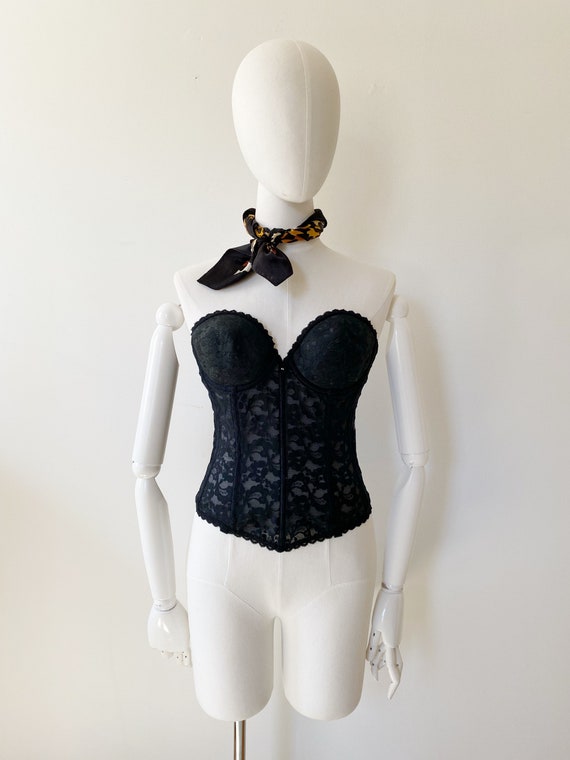 Black Lace Bustier 34C, Vintage 80s Lingerie, Pinup Bra Top 1