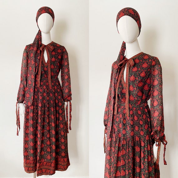 70s TREACY LOWE Silk Red Floral Dress Outfit Matching Set Etsy