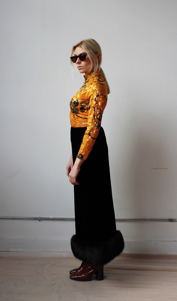 Metallic Orange Swirl & Velvet Fur Gown- S, Vinta… - image 7