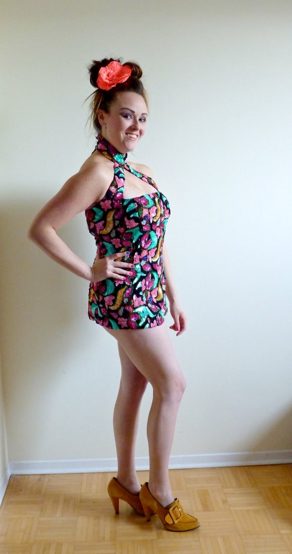 burlesque sequin dress VTG Burlesque Sequin Dress- 6/8, OUTRAGEOUS, Hourglass, Bombshell, Retro,  Sequined Cheeky Costume Q