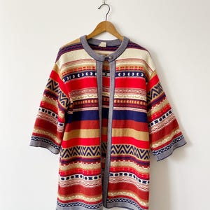 70s CARDIGAN SWEATER- Vintage Swedish Knit Aztec Southwest Longline Long Loose Bell Sleeve Cardigan l