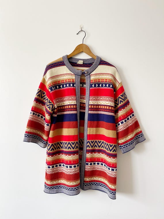 Vintage 70s Knit Aztec Cardigan – Longline Bell Sleeve Sweater L
