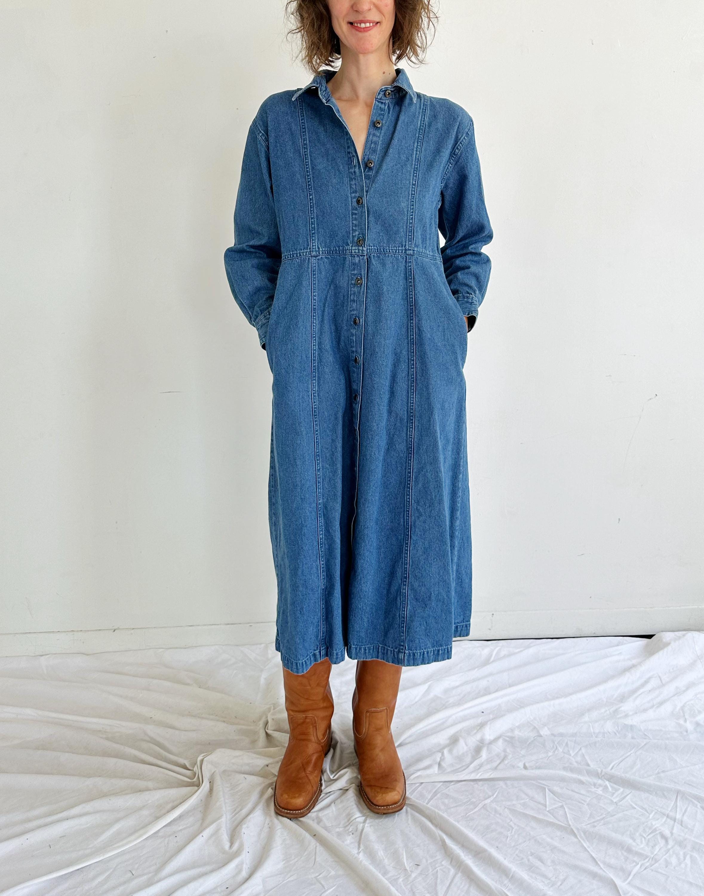 eddie bauer denim dress Vintage 90s Medium Wash Cotton Button Up Shirt Hermine or style it with sandals for spring break and summer vacations Eddie Bauer Denim Flare Shirtdress