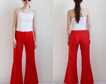 70s Red Bell Bottoms- 28, Flare Hip Hugger High Waist Vintage Pants