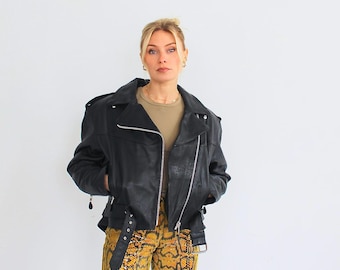 Vintage Black Leather Biker Jacket – 80s Moto Rocker Style small medium