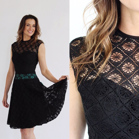 1950s Spider Web Dress- S, Teal, Pinup Gothic Retr