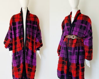 Chunky Plaid Sweater Duster Cardigan- L, Knit Jacket, Oversized red & Purple Coat