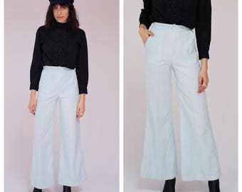 Vintage Bell Bottom Pants- Flares, S, Hippie 70s Boho, Pastel Blue, Fake Biba 6