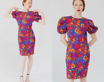 Silk Floral Rainbow Dress- 6, Multicolor Puffy Shoulders, 90s 4