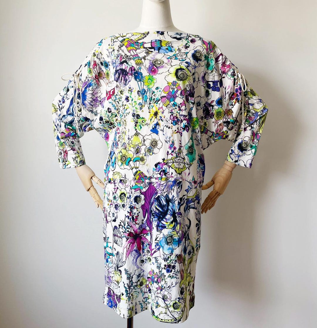 Roberto Cavalli Floral Robot Mini Dress – Batwing Sleeve, Stretch
