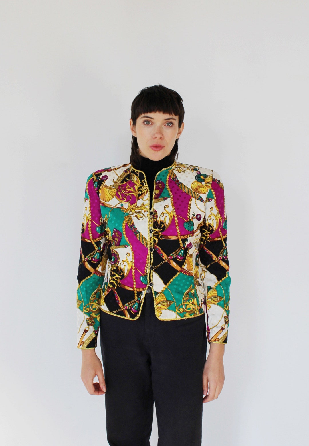 BAROQUE SILK JACKET- S, 90s Adrianna Papell Flashy Blazer