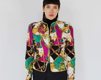 BAROQUE SILK JACKET- S, 90s Adrianna Papell Flashy Blazer Statement Bold Crazy Pattern Chain