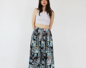 GONNA CABAGE ROSE - Gonna midi blu a vita alta, stile boho countrycore, stile cottagecore, stile giardino, stile romantico, stile fairycore, stile vintage anni '70