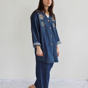 Chambray Denim Outfit- M/L, 90s Oversized Two Piece Set Track Suit Bedazzled Studded Dark Wash Pants i