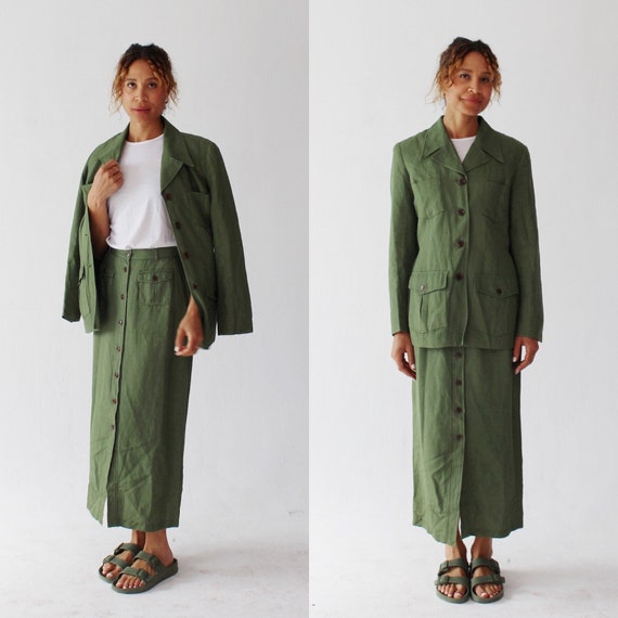 GREEN SAFARI SET- Linen 90s Minimalist Two Piece Skirt Suit