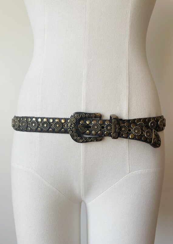 Buy BRONZE STUDDED BELT- Vintage 90s Black Leather Statement  display picture 3