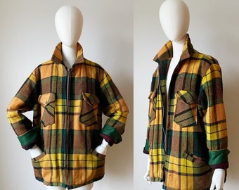 YELLOW PLAID SHACKET- Green Jacket, Coat, Wool Flannel Lined Winter Workwear Oversized Lumberjack