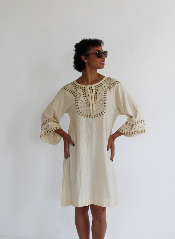 Gold & Beige Cotton Tunic- L, Womens Vintage, Min… - image 6