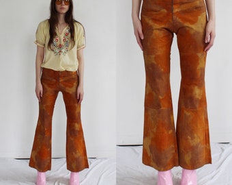 SUEDE BELL BOTTOMS- 30, 70s Orange Foxy Low Rise Leather Pants D