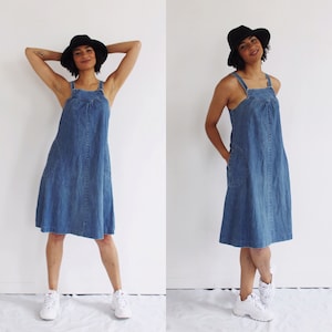 DENIM OVERALL DRESS- S/M, 70s Vintage Tent Jean Loose Dress
