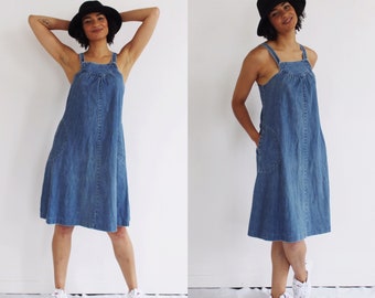 DENIM OVERALL DRESS- S/M, 70s Vintage Tent Jean Loose Dress, Boho Retro 4