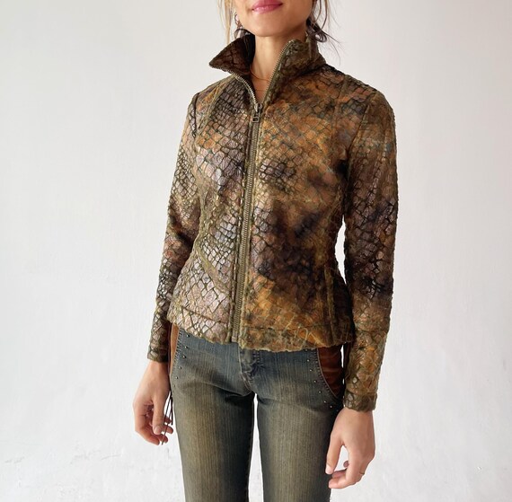 Y2k FUZZY SNAKESKIN JACKET- Vintage 90s Shiny Wetlook Spring Zip