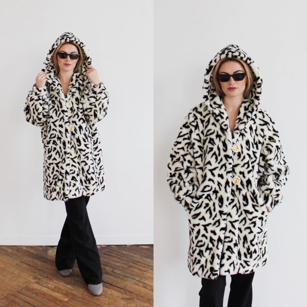 FAUX FUR COAT- 90s Hooded Dalmation, Leopard Black & White Rave Puffer Vintage Winter Jacket
