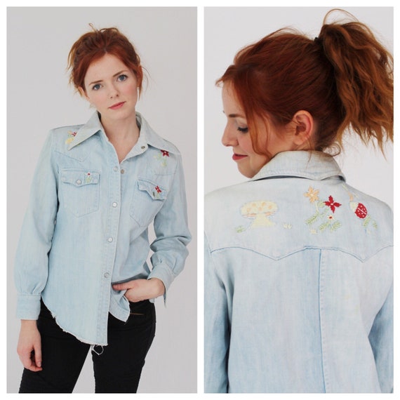 Vintage Embroidered Denim Shirt- M, 70s Boho Casua