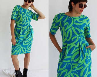 GUY LAROCHE Neon Brushstroke Dress- 38, Designer Vintage Lime Green C