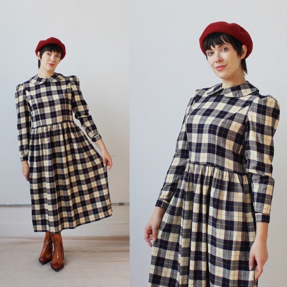 LAURA ASHLEY Plaid Dress M, Cottagecore Tartan Cream… Gem