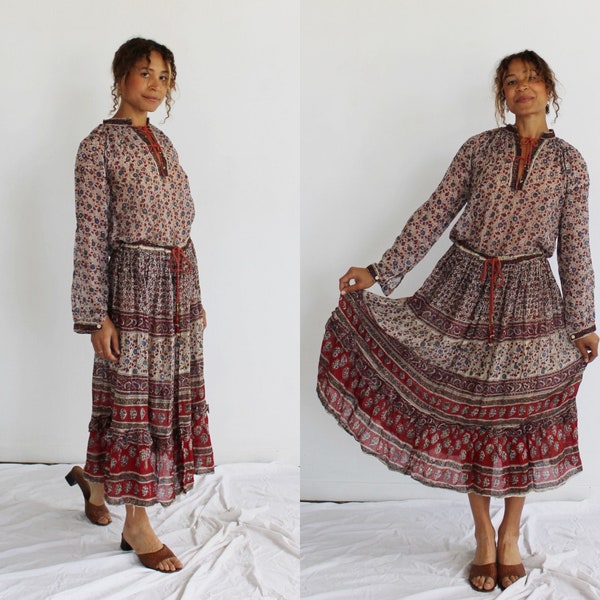 Gauze Indian Cotton Set- Skirt & Blouse, 60s Boho Hippie, Gauzy Festival Groovy Outfit