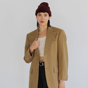 TAUPE PINSTRIPE BLAZER- 70s Oversized Boxy Jacket, Blue & Red stripe j