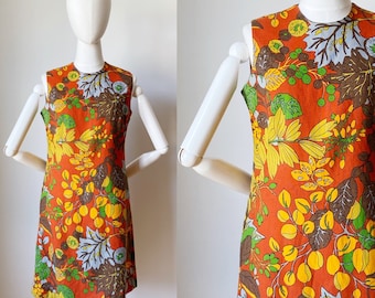 AUTUMN LEAF DRESS- 1960s Shift Barkcloth Burnt Orange, Green, Small, Medium Groovy Tiki