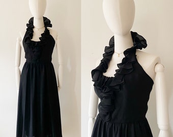 Black Halter Ruffle Dress- 26, XS/S, Vintage Cocktail Party Dress A