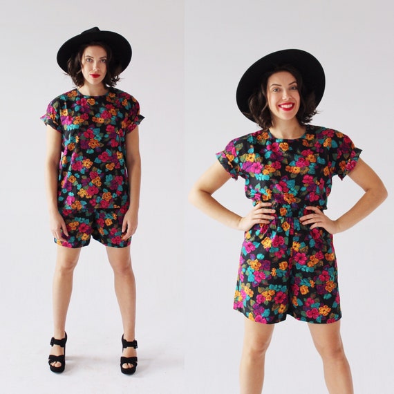 90s Floral Two Piece Set- M, Leisure Shorts, Boxy