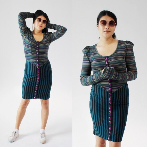 BETSEY JOHNSON Witchy Striped Dress- L, Cap Sleeve