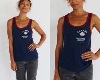 CANADIAN RINGER TANK- 70s Woodland Beach Canadiana Red & Navy Retro Summer Camp