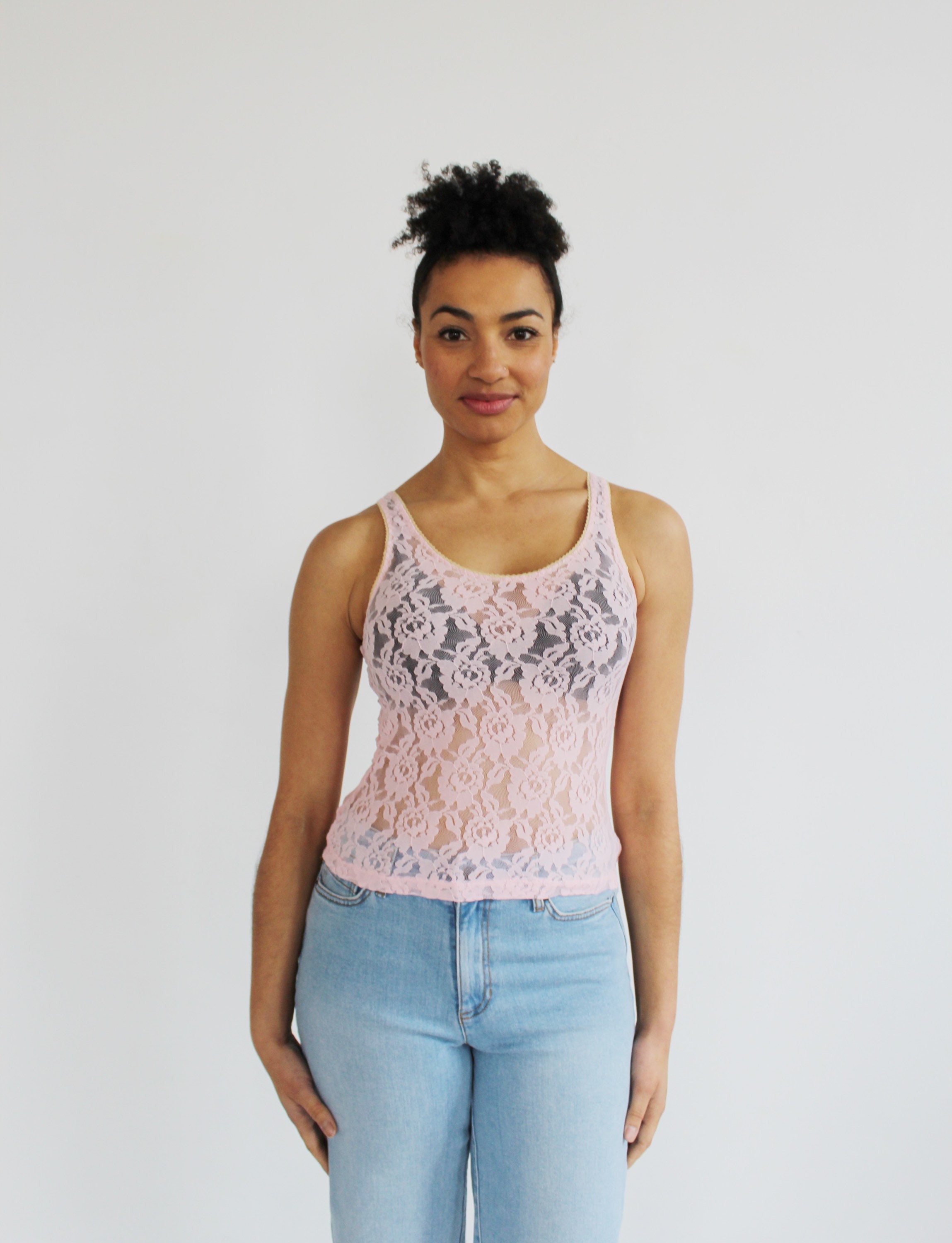 Sheer Pink Lace Tank Top- S/M, Stretch Deadstock Gold Pastel