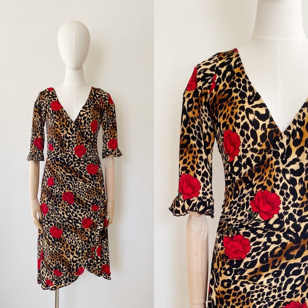 Slinky Leopard Rose Dress- S/M, 90s A.B.S. Allen Schwartz Asymmetrical Stretch Dress 7