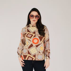 Blusa de manga transparente dos anos 70 - M/L, camisa hippie boho patchwork, top, western q