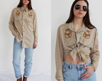 Western Rodeo Shirt- Embroidered Bull 70s Vintage Snap Button Top D