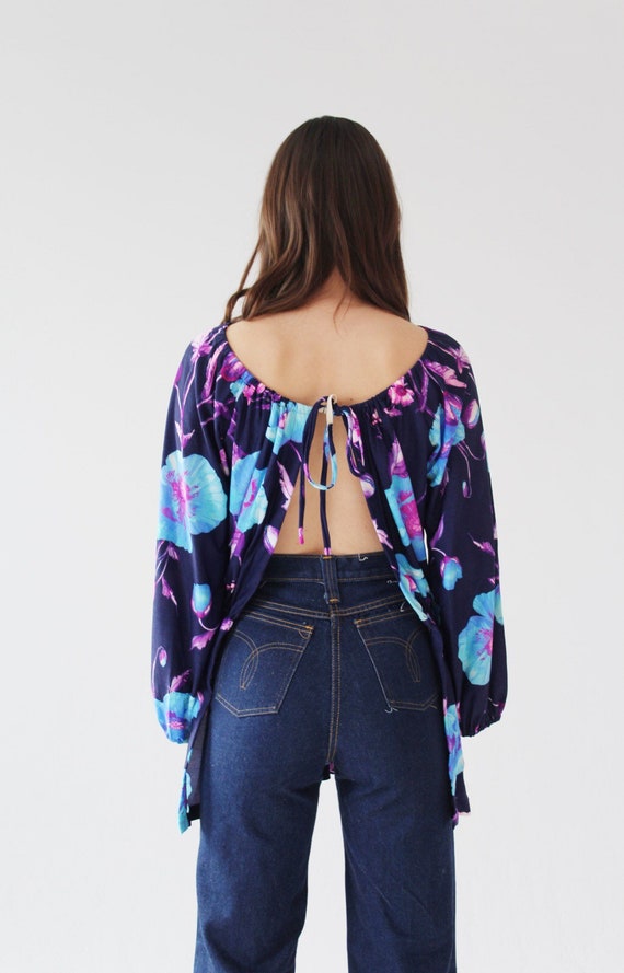 Neon Floral Peekaboo Blouse- 70s Vintage Top, Poe… - image 4