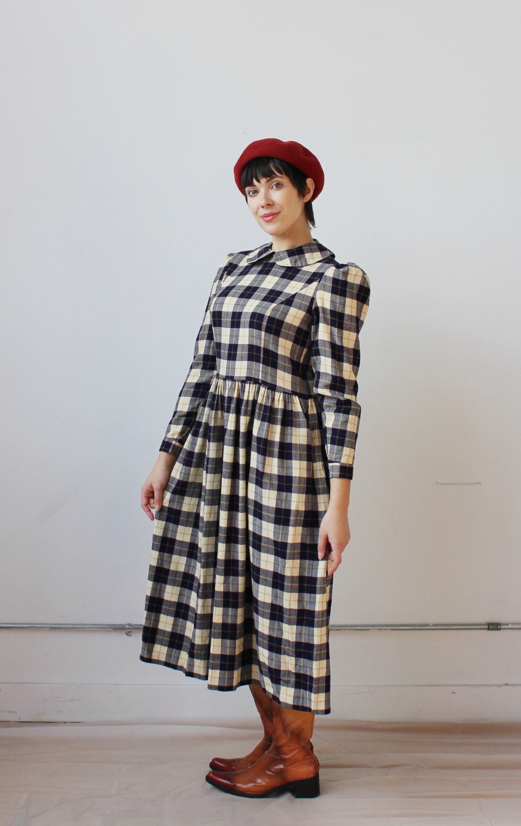 LAURA ASHLEY Plaid Dress M Cottagecore Tartan Cream & Black Etsy