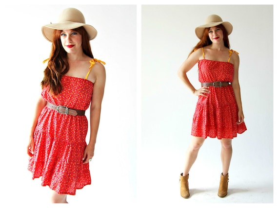 Red 70s Prarie Dress- M, Boho Hippie, Vintage